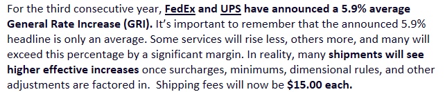 Shipping fee notice: FedEx and UPS 5.9% rate increase. Shipping fees now $15.00 each.