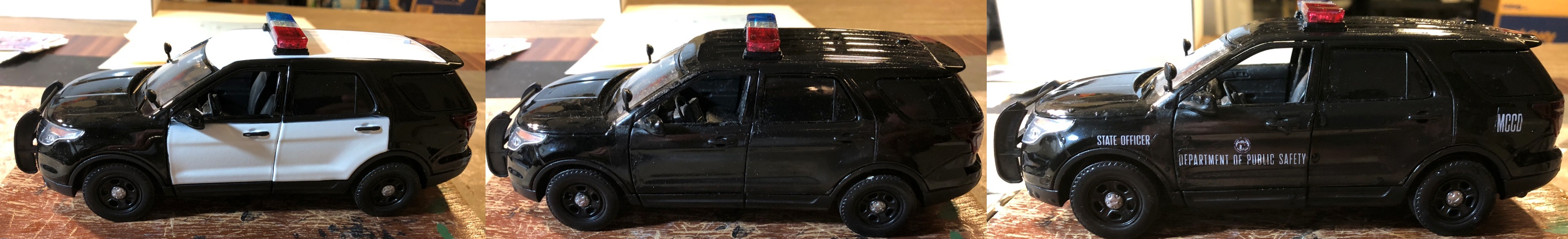 Three views of police SUV die-cast model